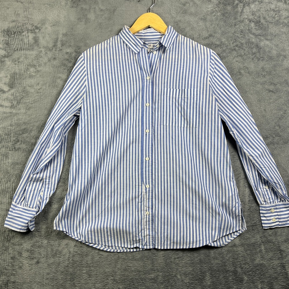 J.Crew Shirt Womens Small Blue White Striped Collar Pleated Curved Hem Button Up